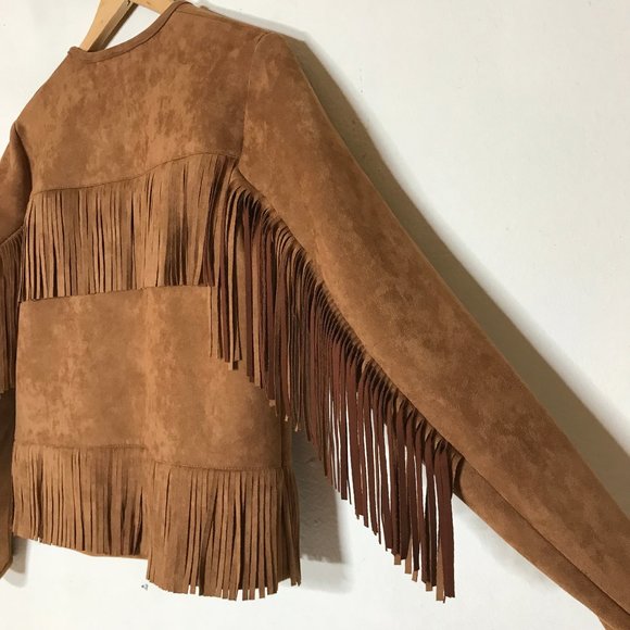 MOTHER On The Fringe Faux Suede Fringed Western Style Boho Crop Jacket Sz XS - Picture 3 of 16